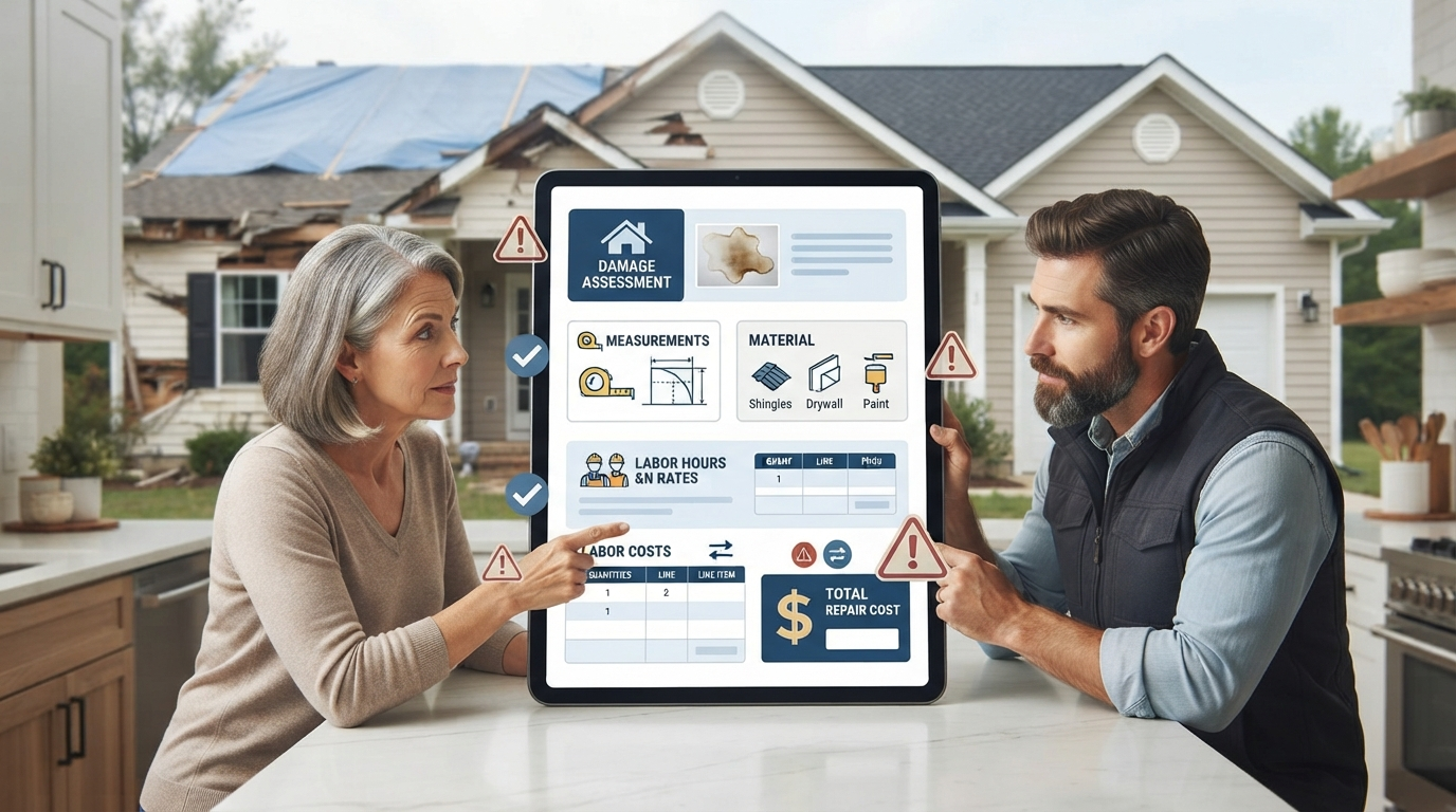 Homeowner and contractor reviewing an Xactimate insurance claims estimate on a tablet in front of a storm damaged house