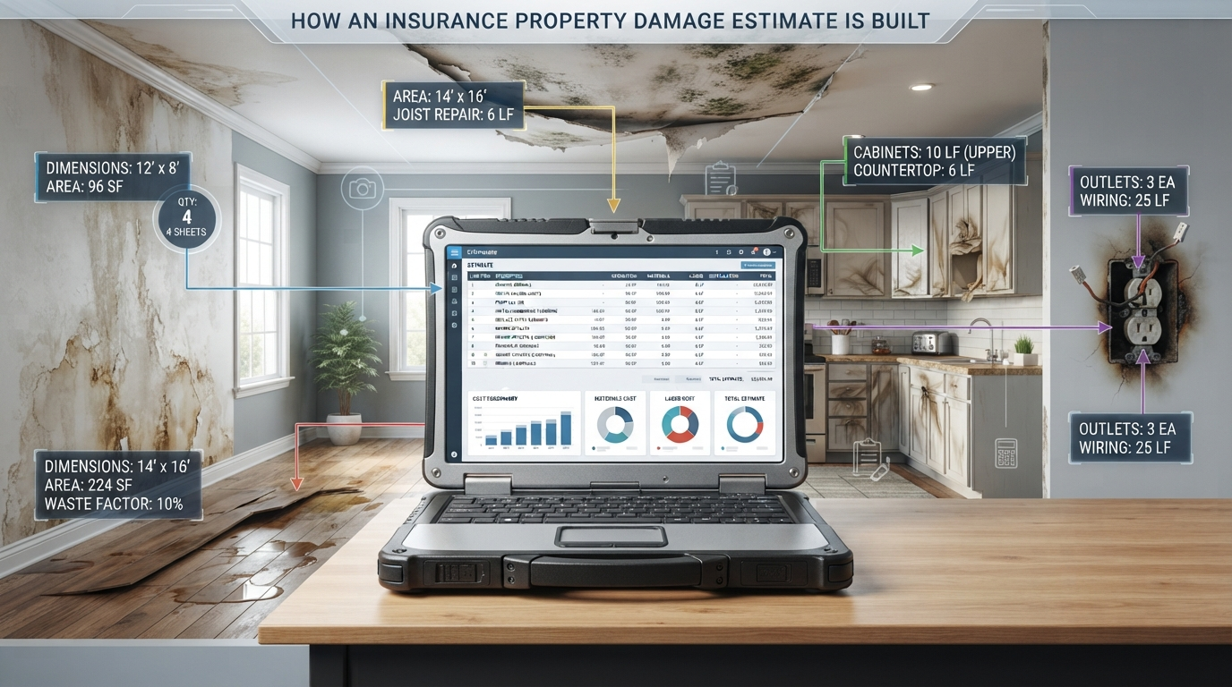 Damaged room with measurement callouts feeding line items into an Xactimate property damage estimate on a laptop